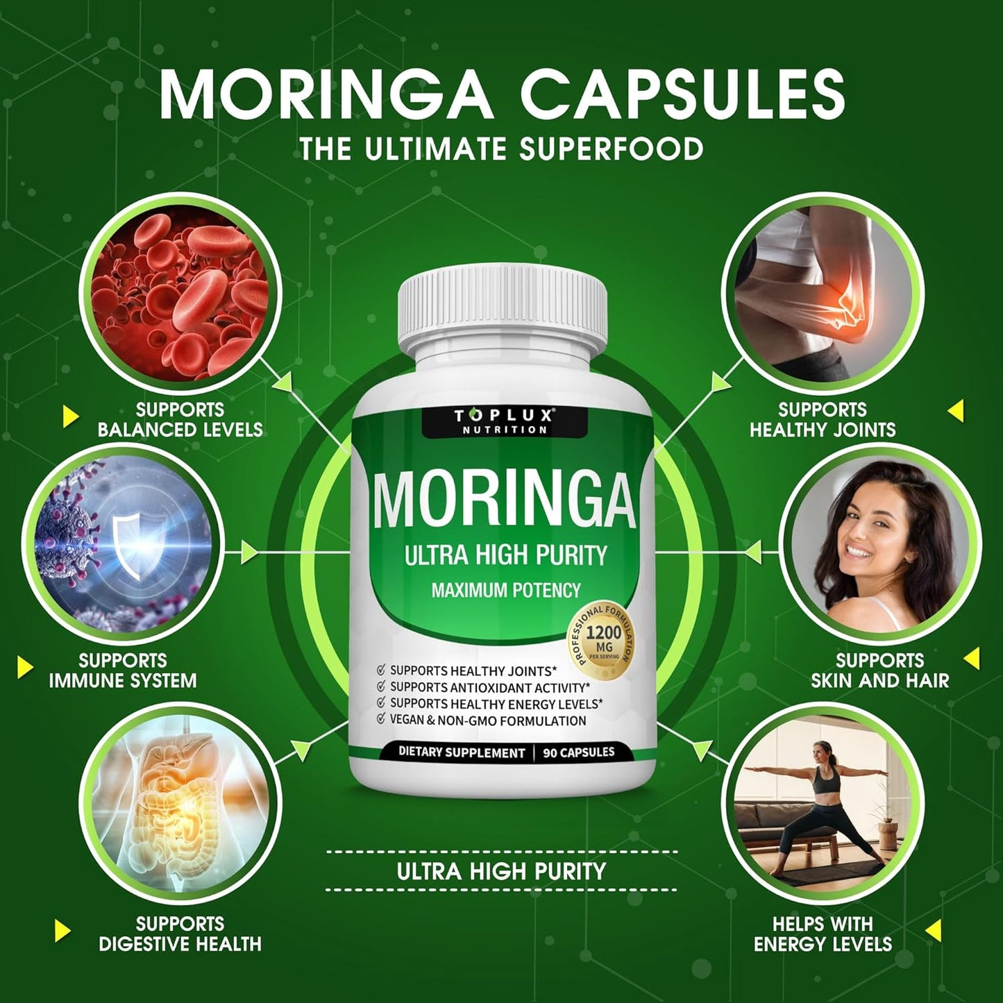 Elevate Your Wellness with Moringa Capsules - 1200mg of Pure Moringa Leaf for Immune Support, Skin Health & Natural Energy - 90 Vegan, Non-GMO Capsules!