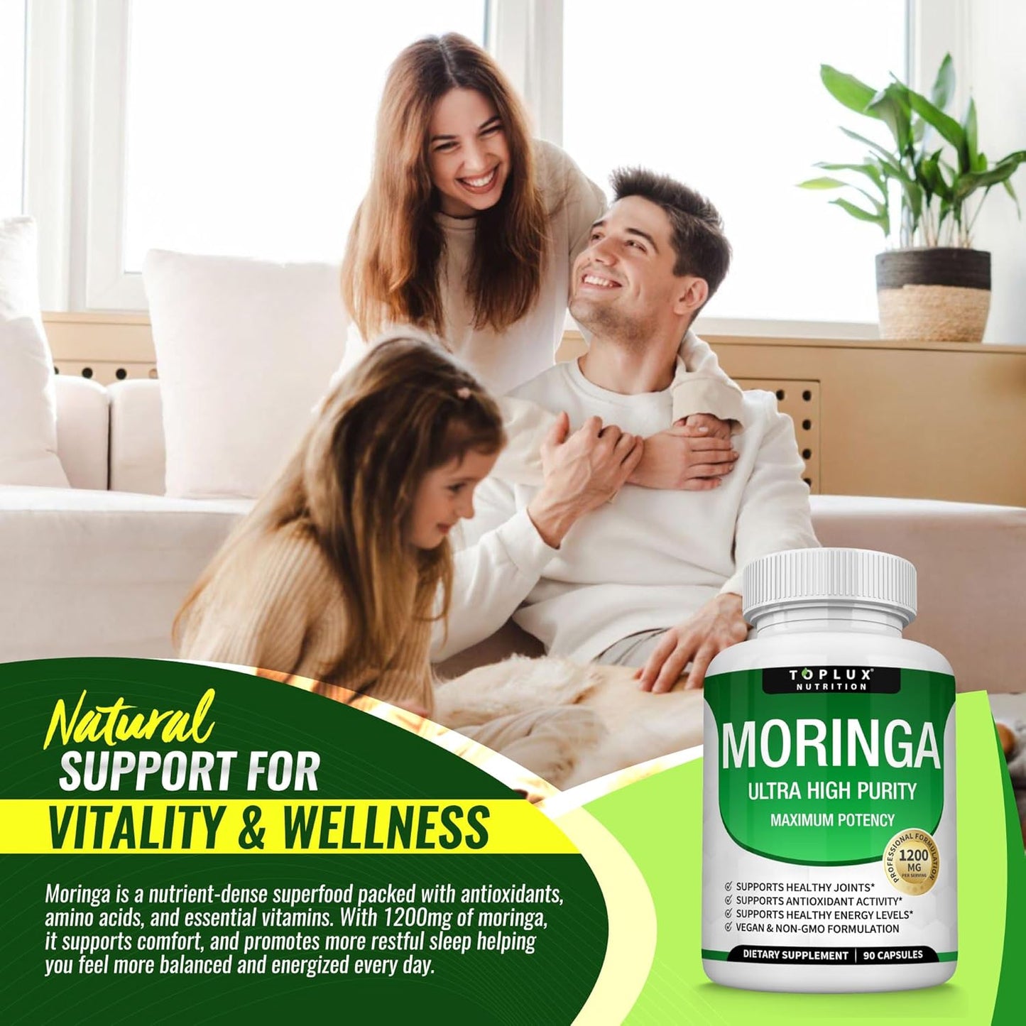 Elevate Your Wellness with Moringa Capsules - 1200mg of Pure Moringa Leaf for Immune Support, Skin Health & Natural Energy - 90 Vegan, Non-GMO Capsules!