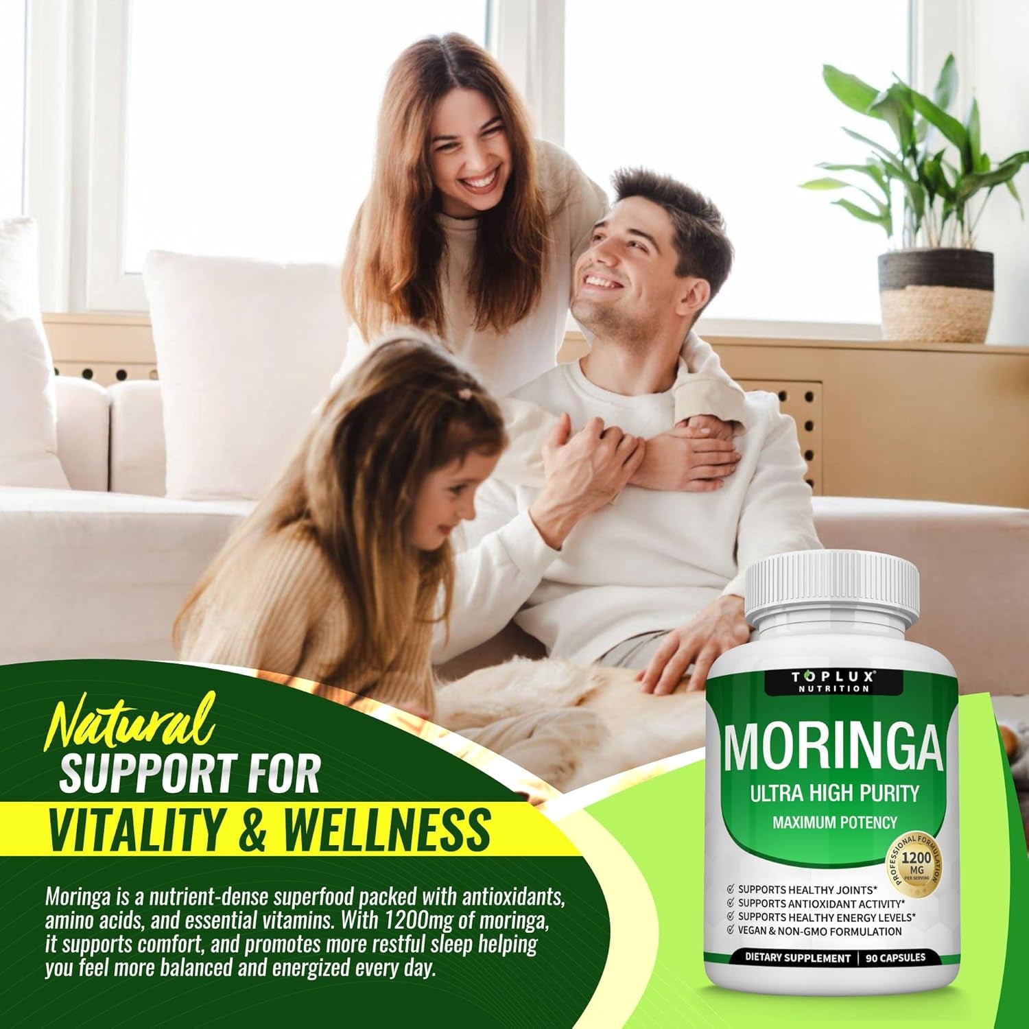 Elevate Your Wellness with Moringa Capsules - 1200mg of Pure Moringa Leaf for Immune Support, Skin Health & Natural Energy - 90 Vegan, Non-GMO Capsules!