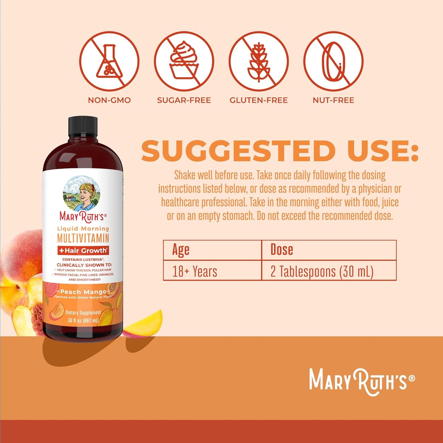 Unlock Radiant Beauty with MaryRuth's Liquid Multivitamin + Hair Growth | Boost Thicker Hair & Reduce Facial Wrinkles with 10,000 Mcg Biotin | Delicious Peach Mango Flavor | Perfect for Women 18+