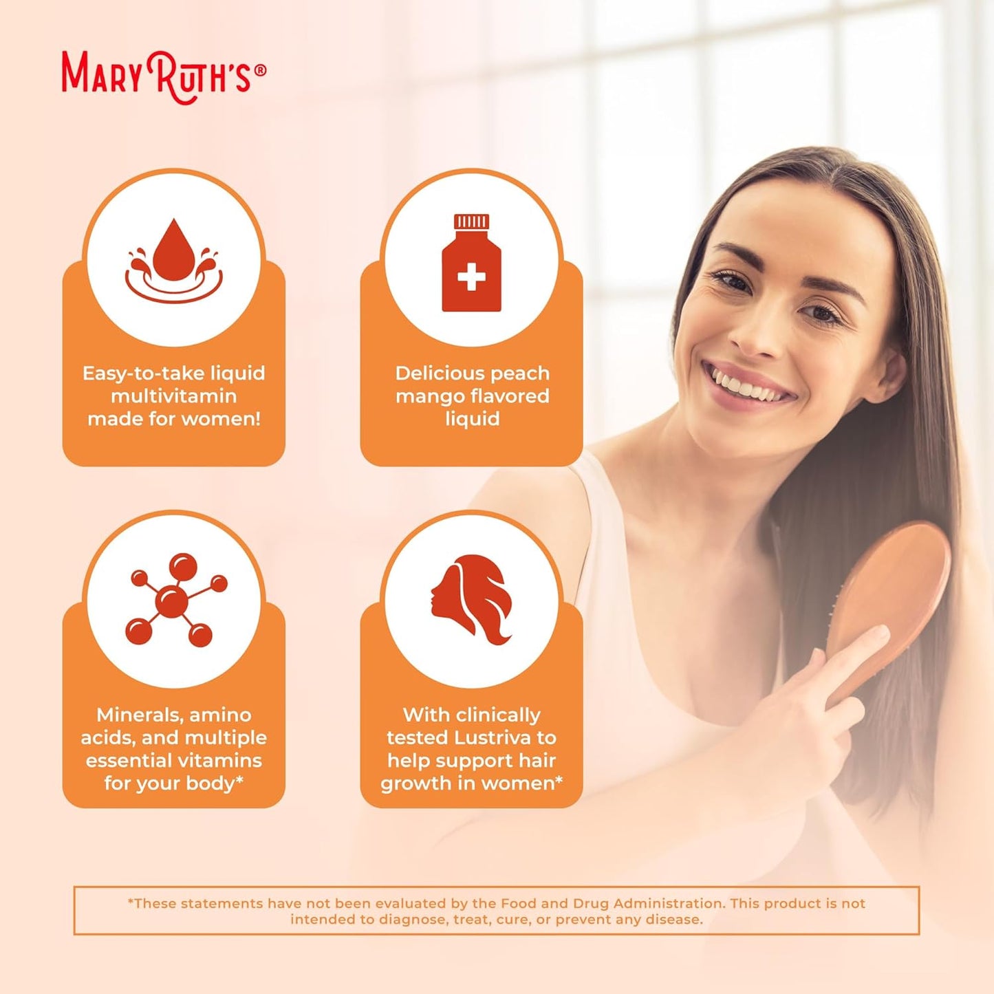 Unlock Radiant Beauty with MaryRuth's Liquid Multivitamin + Hair Growth | Boost Thicker Hair & Reduce Facial Wrinkles with 10,000 Mcg Biotin | Delicious Peach Mango Flavor | Perfect for Women 18+