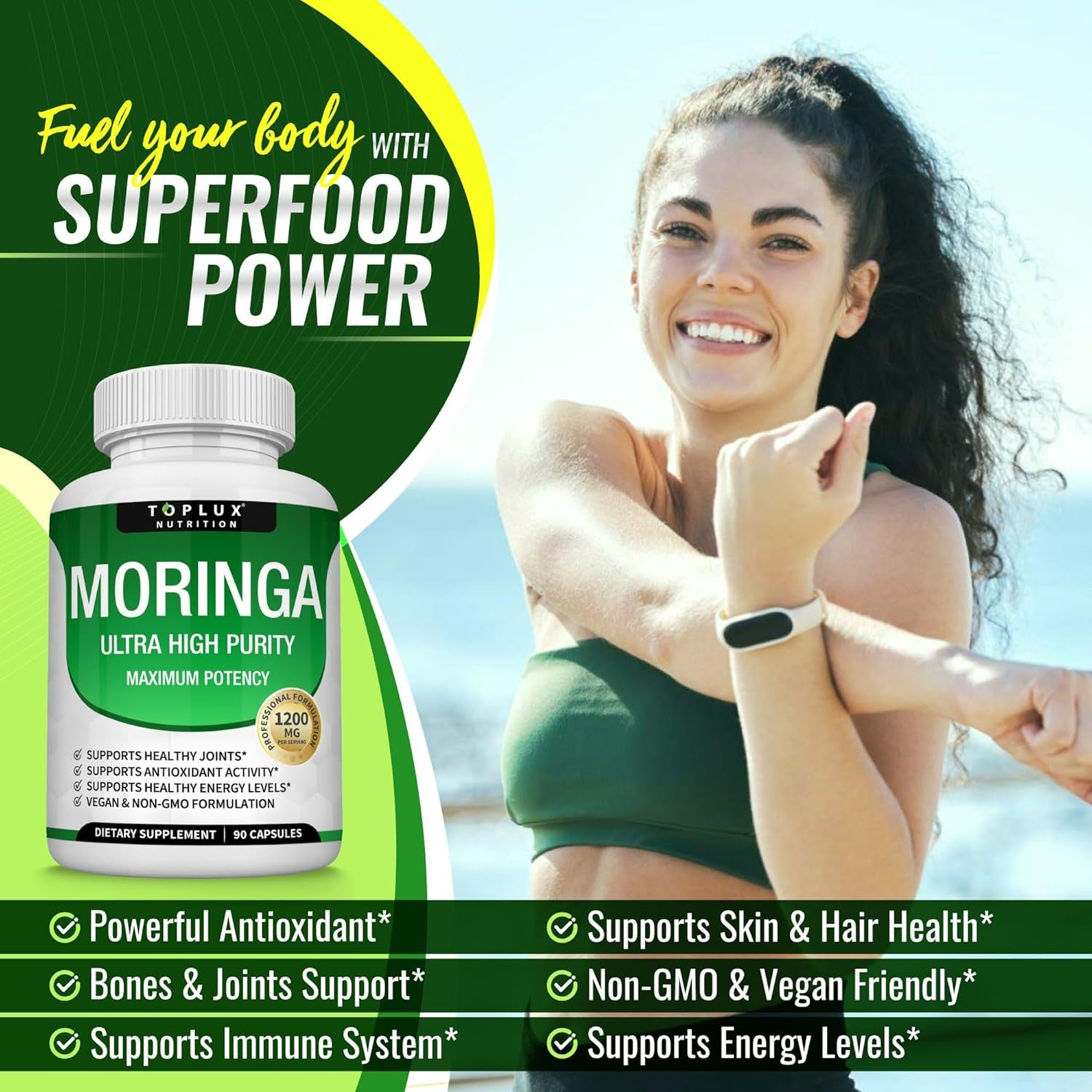 Elevate Your Wellness with Moringa Capsules - 1200mg of Pure Moringa Leaf for Immune Support, Skin Health & Natural Energy - 90 Vegan, Non-GMO Capsules!