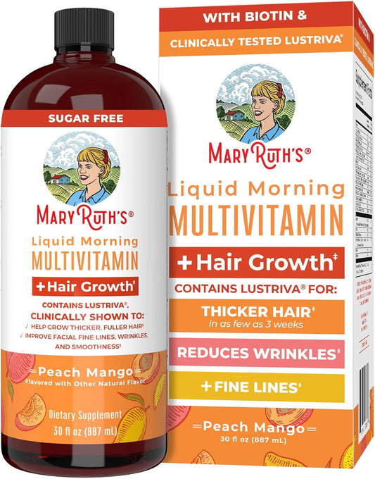 Unlock Radiant Beauty with MaryRuth's Liquid Multivitamin + Hair Growth | Boost Thicker Hair & Reduce Facial Wrinkles with 10,000 Mcg Biotin | Delicious Peach Mango Flavor | Perfect for Women 18+
