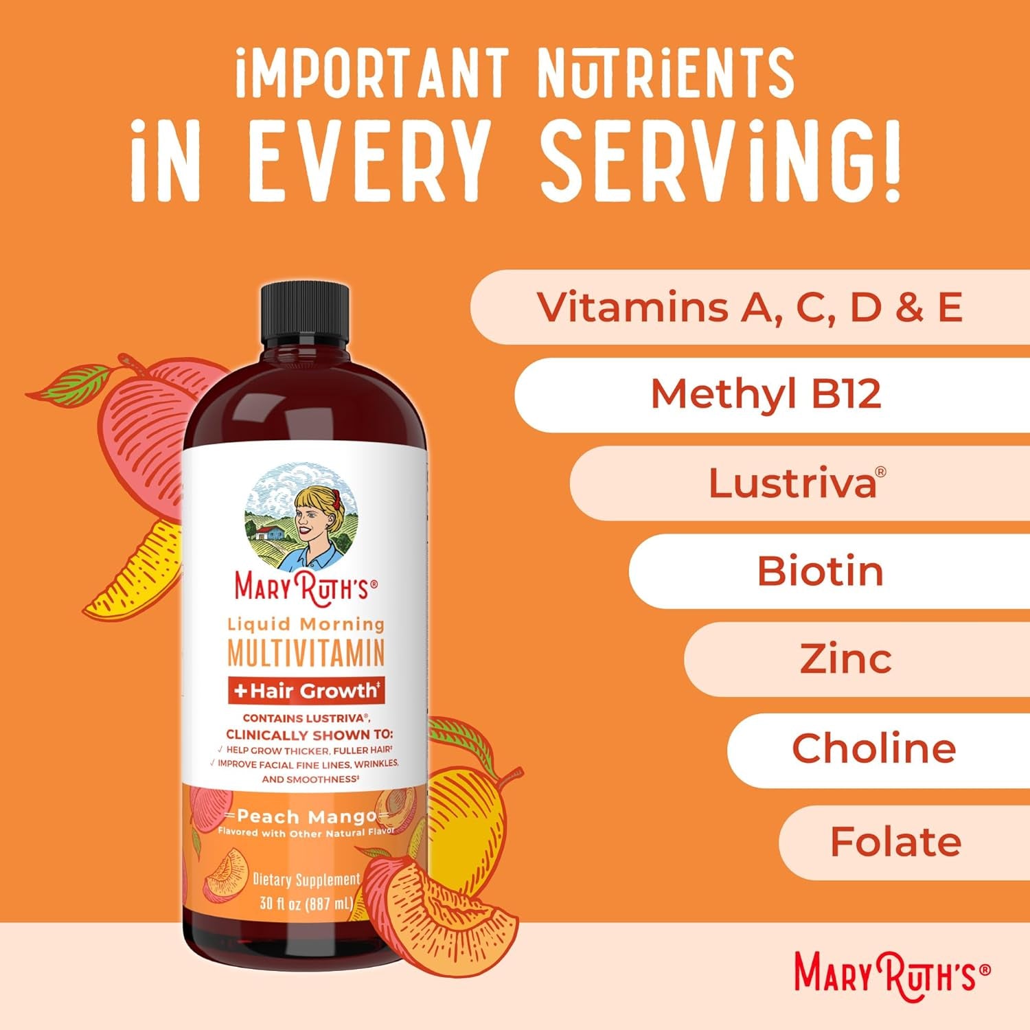 Unlock Radiant Beauty with MaryRuth's Liquid Multivitamin + Hair Growth | Boost Thicker Hair & Reduce Facial Wrinkles with 10,000 Mcg Biotin | Delicious Peach Mango Flavor | Perfect for Women 18+