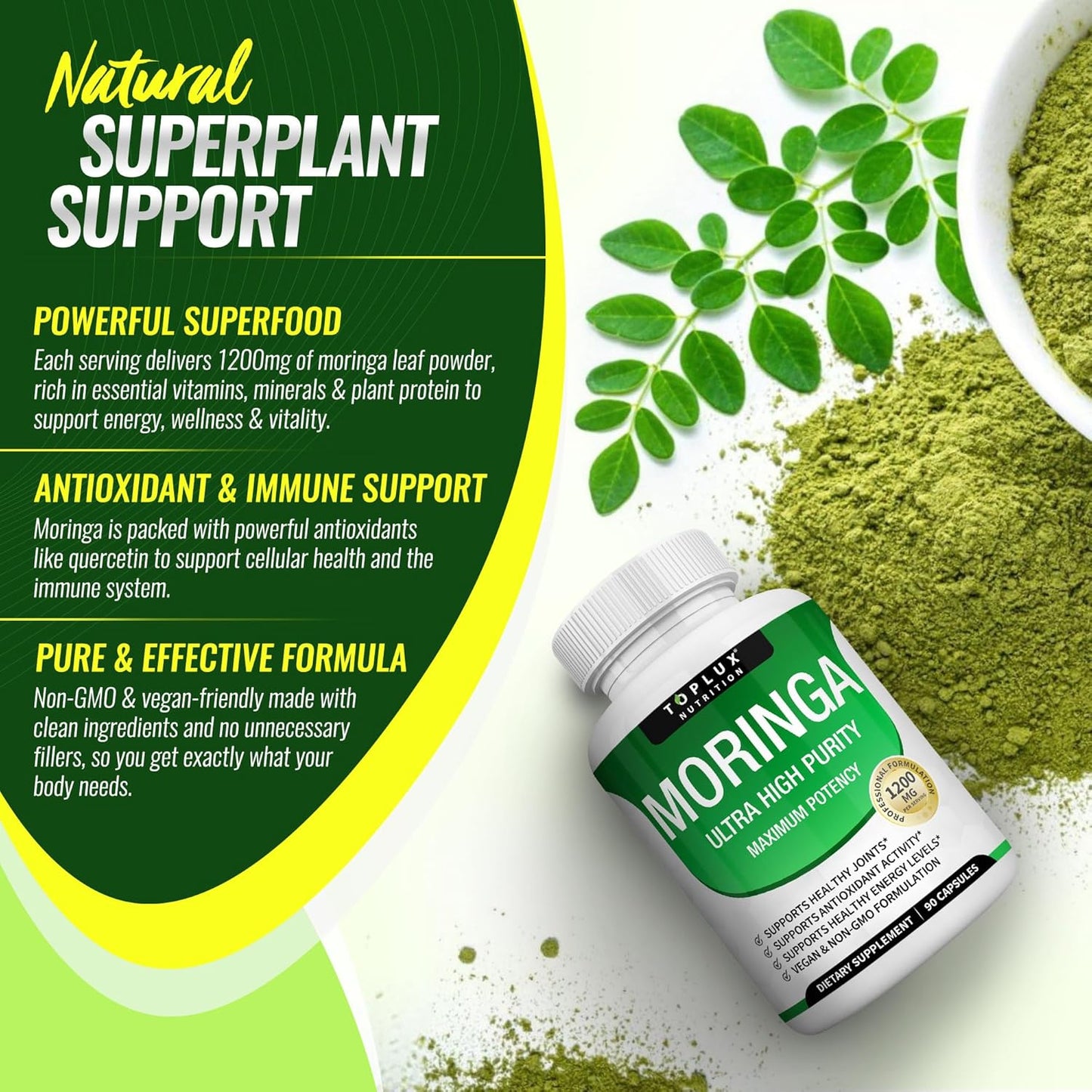 Elevate Your Wellness with Moringa Capsules - 1200mg of Pure Moringa Leaf for Immune Support, Skin Health & Natural Energy - 90 Vegan, Non-GMO Capsules!