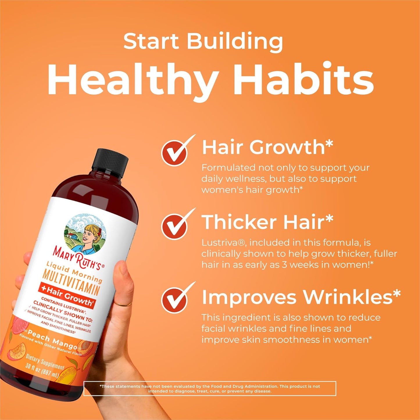 Unlock Radiant Beauty with MaryRuth's Liquid Multivitamin + Hair Growth | Boost Thicker Hair & Reduce Facial Wrinkles with 10,000 Mcg Biotin | Delicious Peach Mango Flavor | Perfect for Women 18+