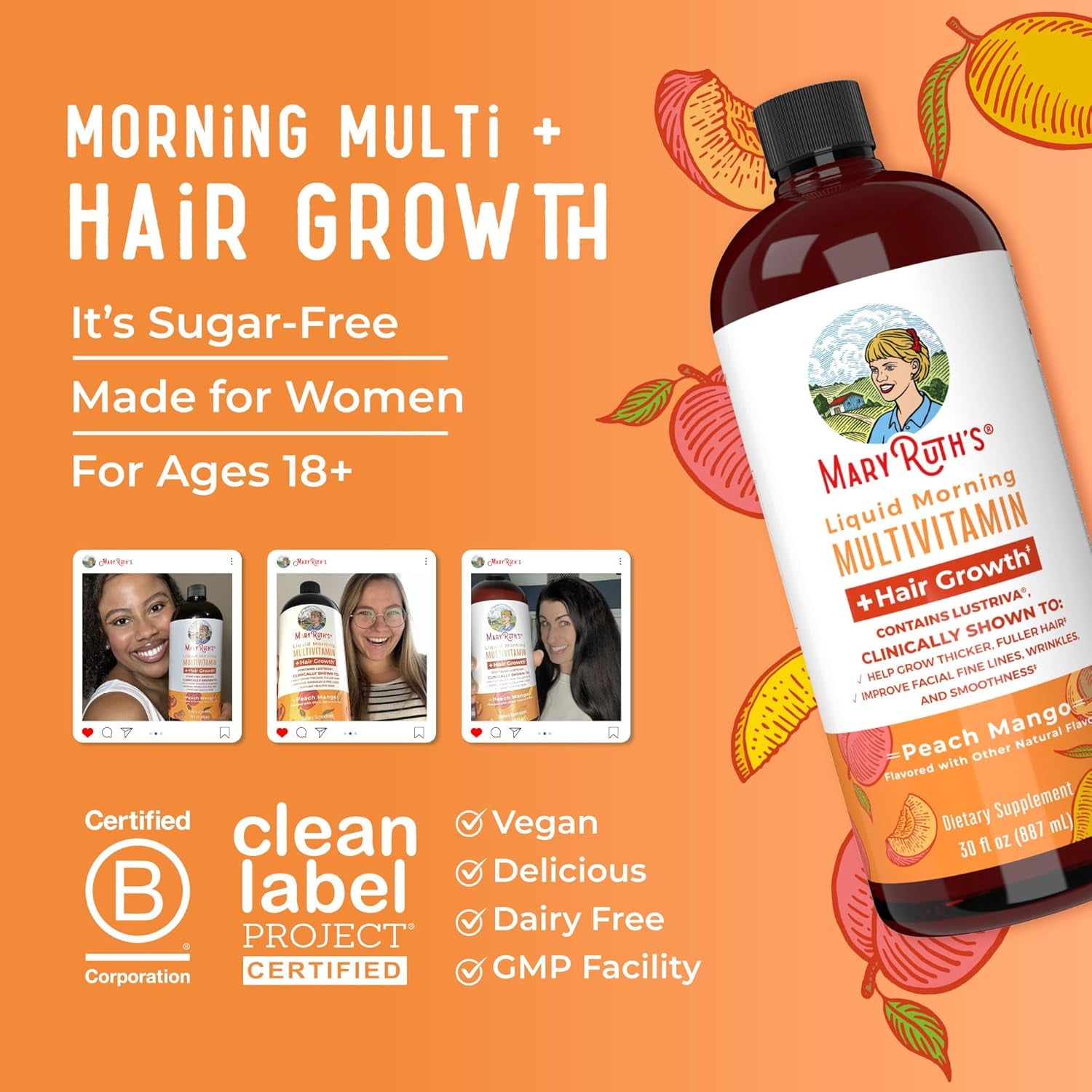 Unlock Radiant Beauty with MaryRuth's Liquid Multivitamin + Hair Growth | Boost Thicker Hair & Reduce Facial Wrinkles with 10,000 Mcg Biotin | Delicious Peach Mango Flavor | Perfect for Women 18+